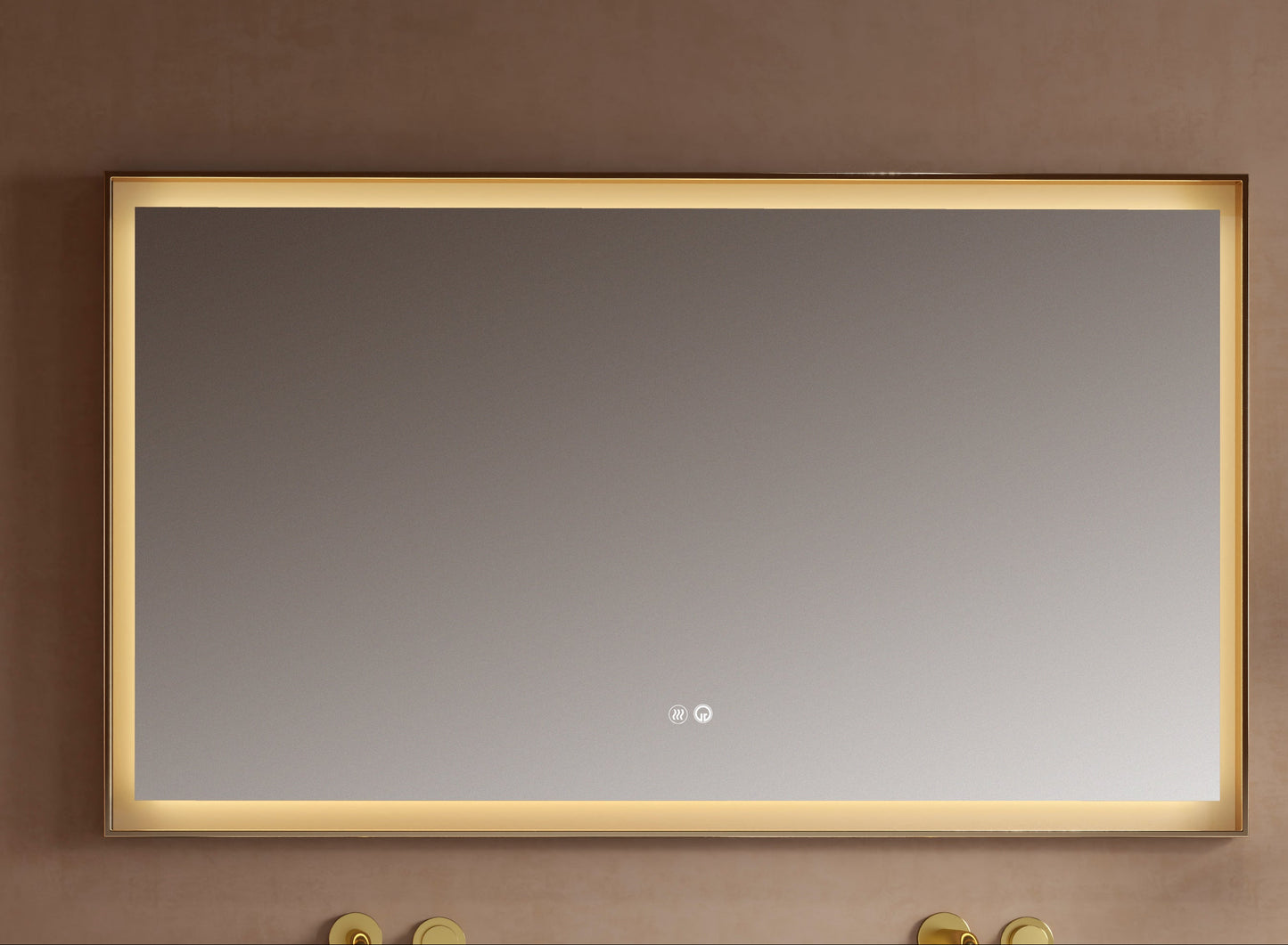 Rectangular mirror with gold frame on a beige wall