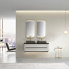 Modern bathroom with a vanity unit, mirrors, and cityscape view