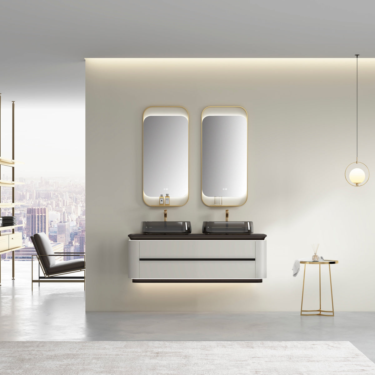 Modern bathroom with a vanity unit, mirrors, and cityscape view