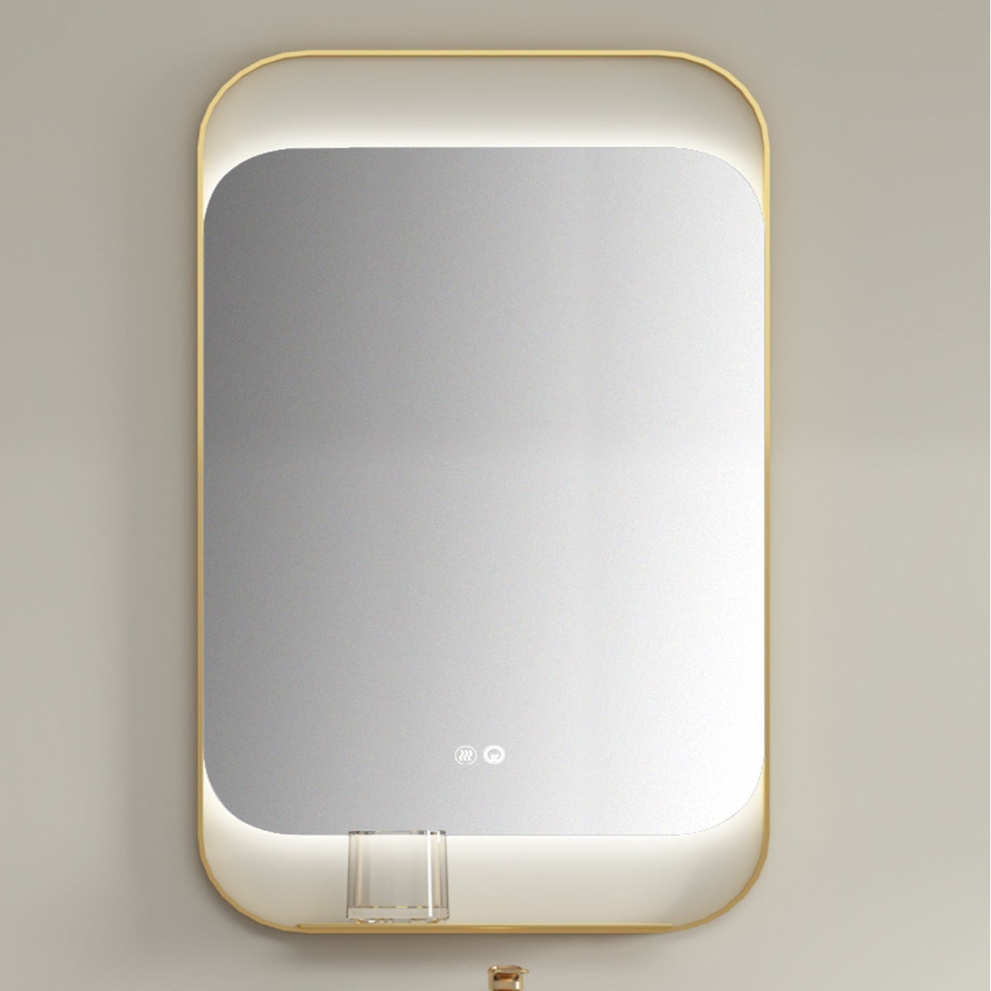Rectangular mirror with gold frame on a light gray wall