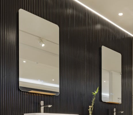 Prisma Frameless LED Bathroom Mirror with Brushed Gold Shelf