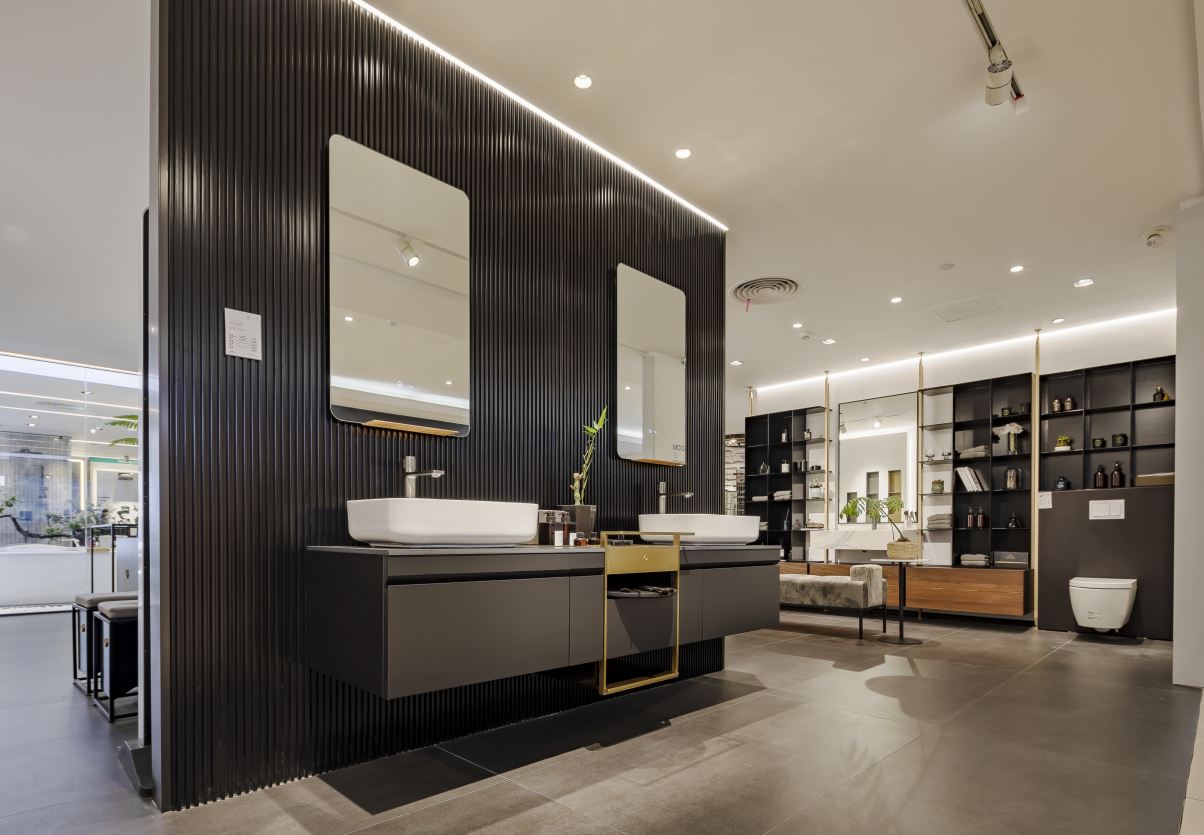Prisma Frameless LED Bathroom Mirror with Brushed Gold Shelf