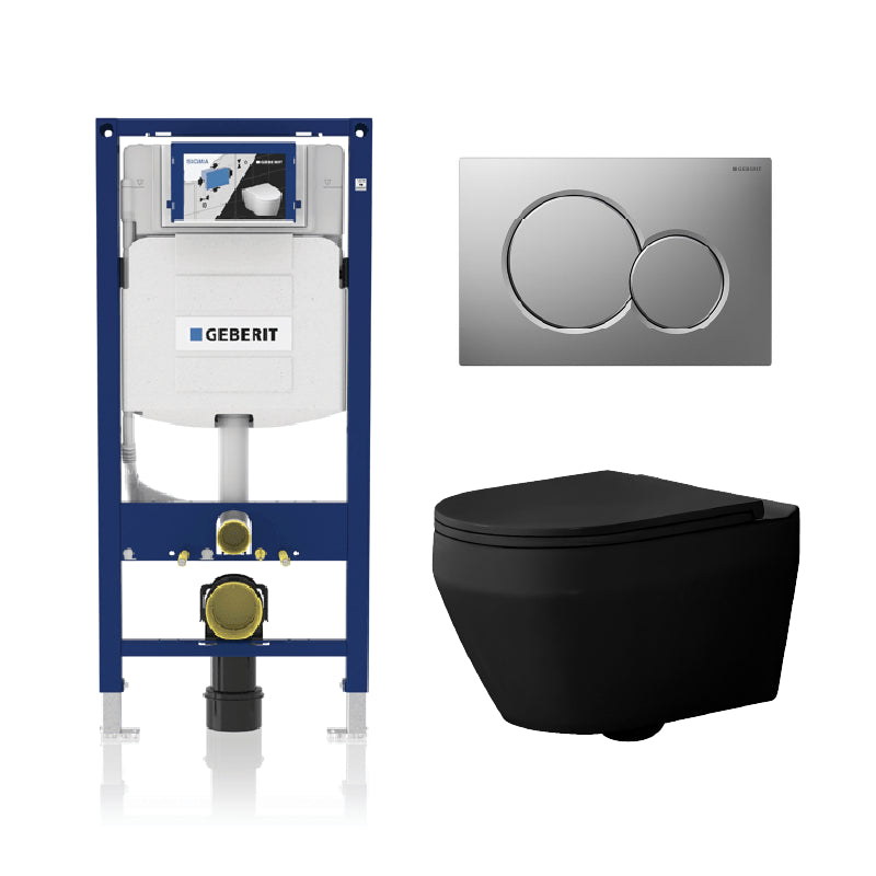 Alps Aaron Matte Black Wall-Mounted Elongated Toilet Dual-Flush 1.6/1.1 gpf with Seat & Geberit Carrier