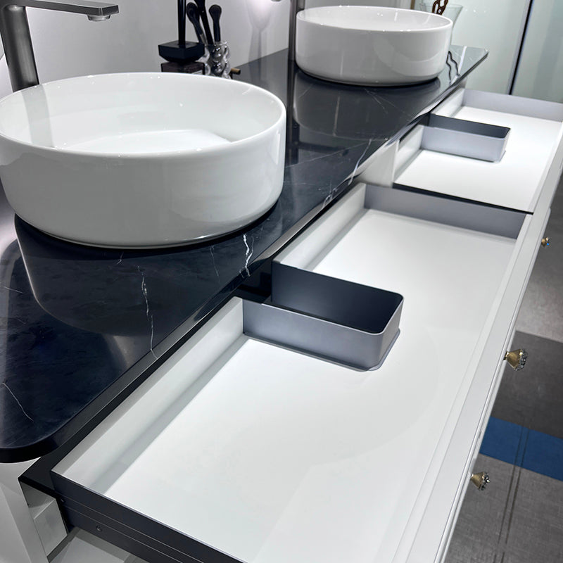 Vela Modern Artistic Double Sink Floating Vanity – Retro White with Black Marble Countertop