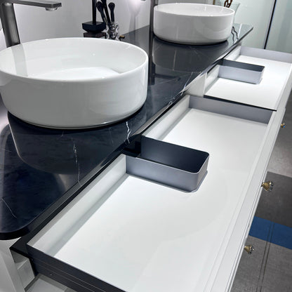 Vela Modern Artistic Double Sink Floating Vanity – Retro White with Black Marble Countertop