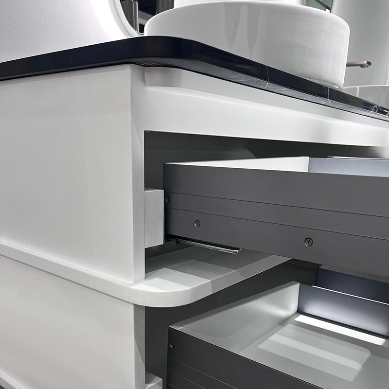 Vela Modern Artistic Double Sink Floating Vanity – Retro White with Black Marble Countertop