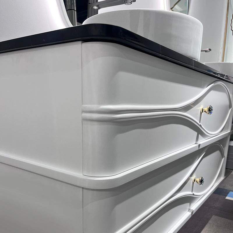 Vela Modern Artistic Double Sink Floating Vanity – Retro White with Black Marble Countertop