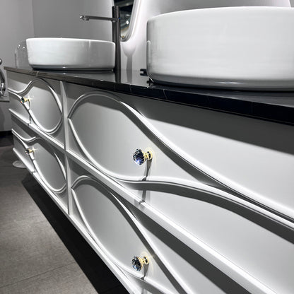 Vela Modern Artistic Double Sink Floating Vanity – Retro White with Black Marble Countertop