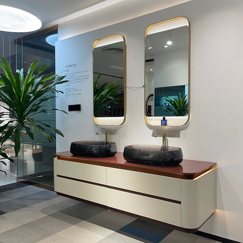 Lucelle High Gloss Creamy Apricot Beige Double Sink Bathroom Vanity - Godi