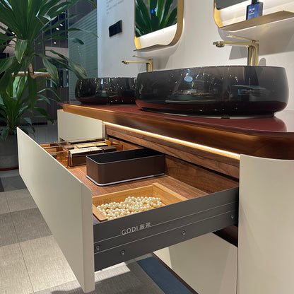 Lucelle High Gloss Creamy Apricot Beige Double Sink Bathroom Vanity - Godi