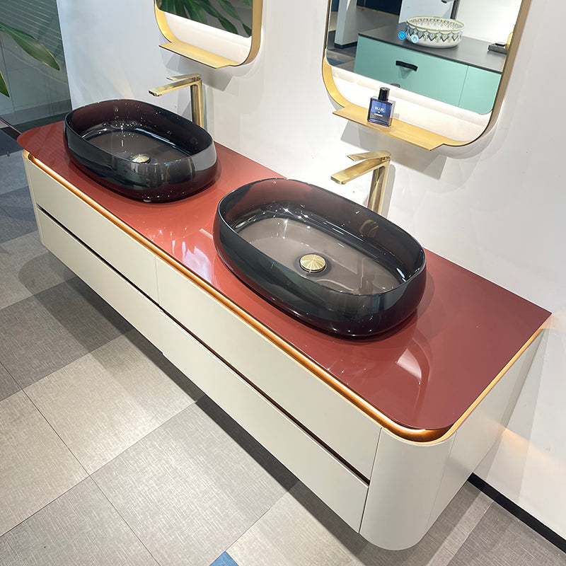 Lucelle High Gloss Creamy Apricot Beige Double Sink Bathroom Vanity - Godi