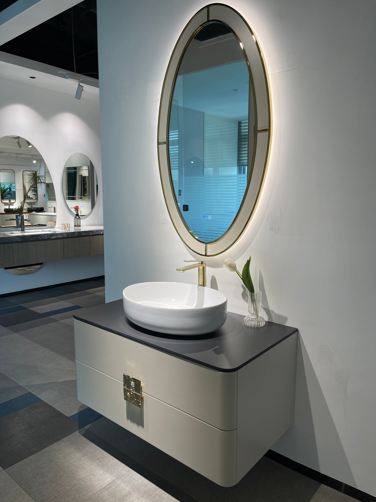Lumina LED Oval Bathroom Mirror – 28" x 43" | Gold Black & Apricot Pear
