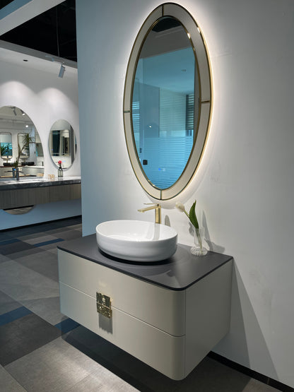 Lumina LED Oval Bathroom Mirror – 28" x 43" | Gold Black & Apricot Pear