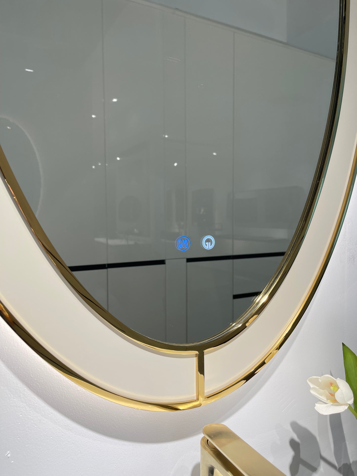 Lumina LED Oval Bathroom Mirror – 28" x 43" | Gold Black & Apricot Pear