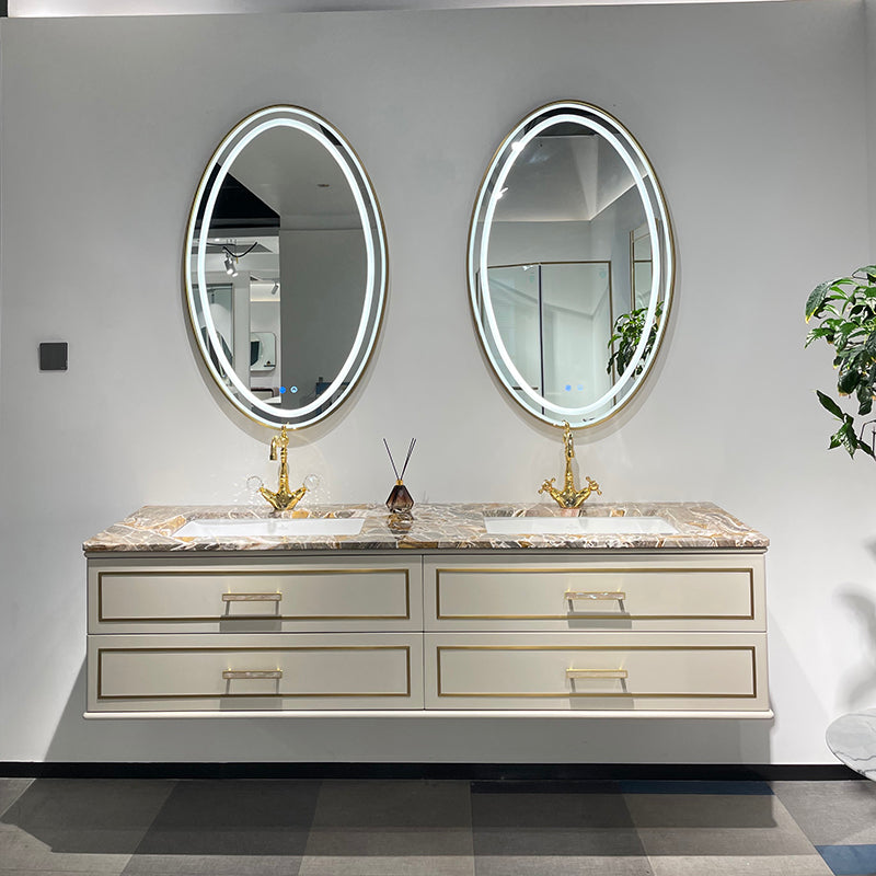 Château Luxury Double Sink Floating Vanity – Titanium Gold + Creamy Apricot Beige with Natural Marble Top