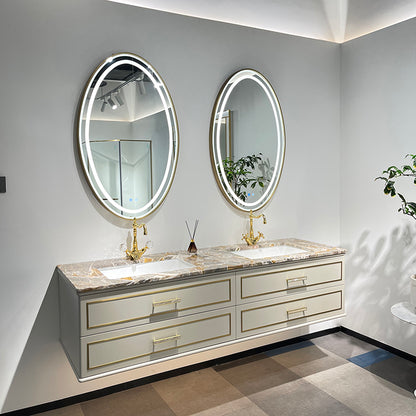Château Luxury Double Sink Floating Vanity – Titanium Gold + Creamy Apricot Beige with Natural Marble Top