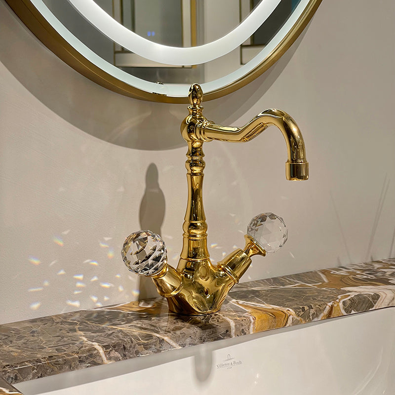 Château Luxury Double Sink Floating Vanity – Titanium Gold + Creamy Apricot Beige with Natural Marble Top