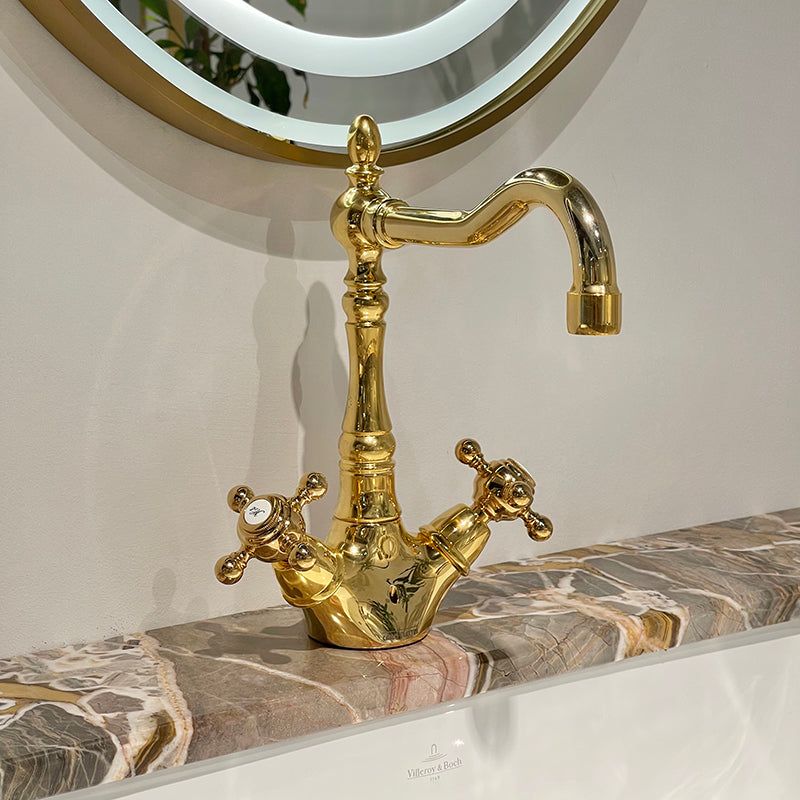 Château Luxury Double Sink Floating Vanity – Titanium Gold + Creamy Apricot Beige with Natural Marble Top