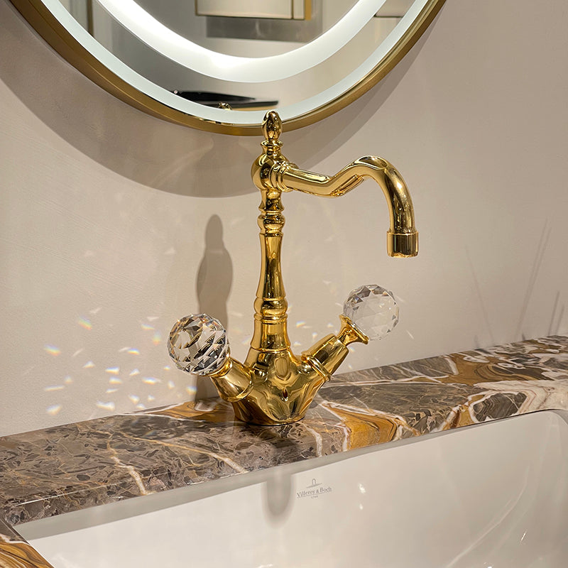 Château Luxury Double Sink Floating Vanity – Titanium Gold + Creamy Apricot Beige with Natural Marble Top