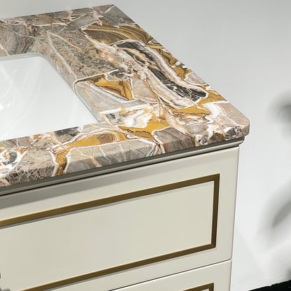 Château Luxury Double Sink Floating Vanity – Titanium Gold + Creamy Apricot Beige with Natural Marble Top