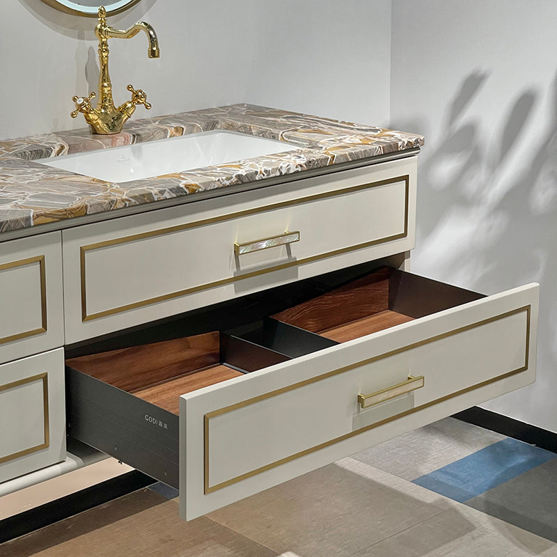 Château Luxury Double Sink Floating Vanity – Titanium Gold + Creamy Apricot Beige with Natural Marble Top