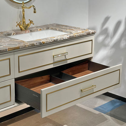 Château Luxury Double Sink Floating Vanity – Titanium Gold + Creamy Apricot Beige with Natural Marble Top