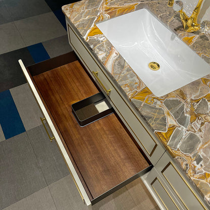 Château Luxury Double Sink Floating Vanity – Titanium Gold + Creamy Apricot Beige with Natural Marble Top