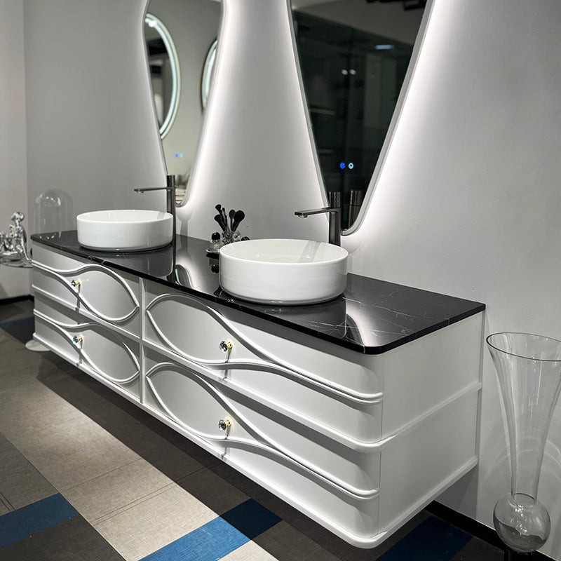 Vela Modern Artistic Double Sink Floating Vanity – Retro White with Black Marble Countertop