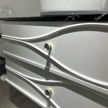 Vela Modern Artistic Double Sink Floating Vanity – Retro White with Black Marble Countertop