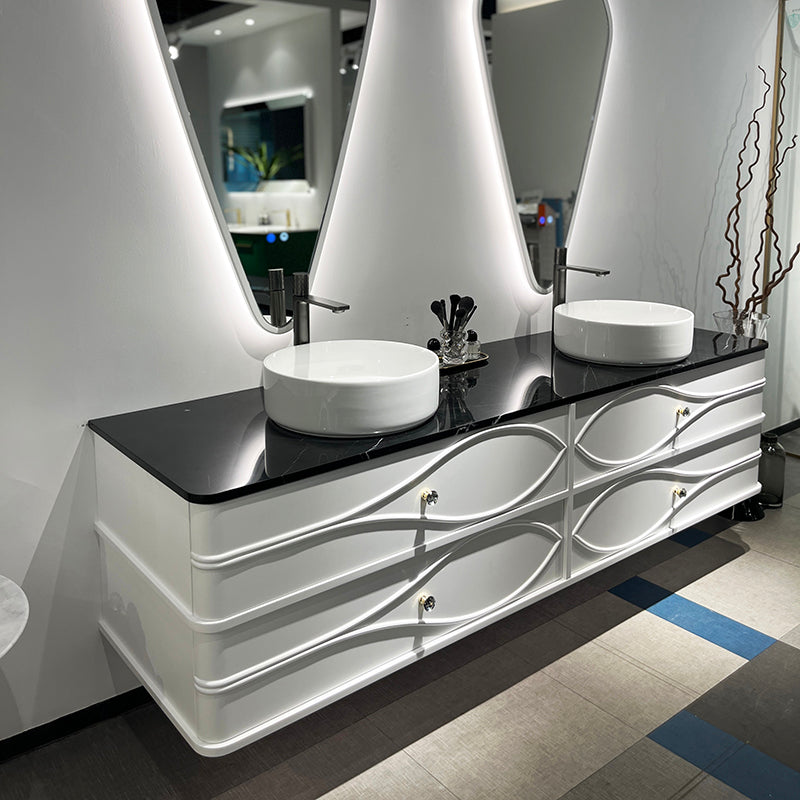 Vela Modern Artistic Double Sink Floating Vanity – Retro White with Black Marble Countertop