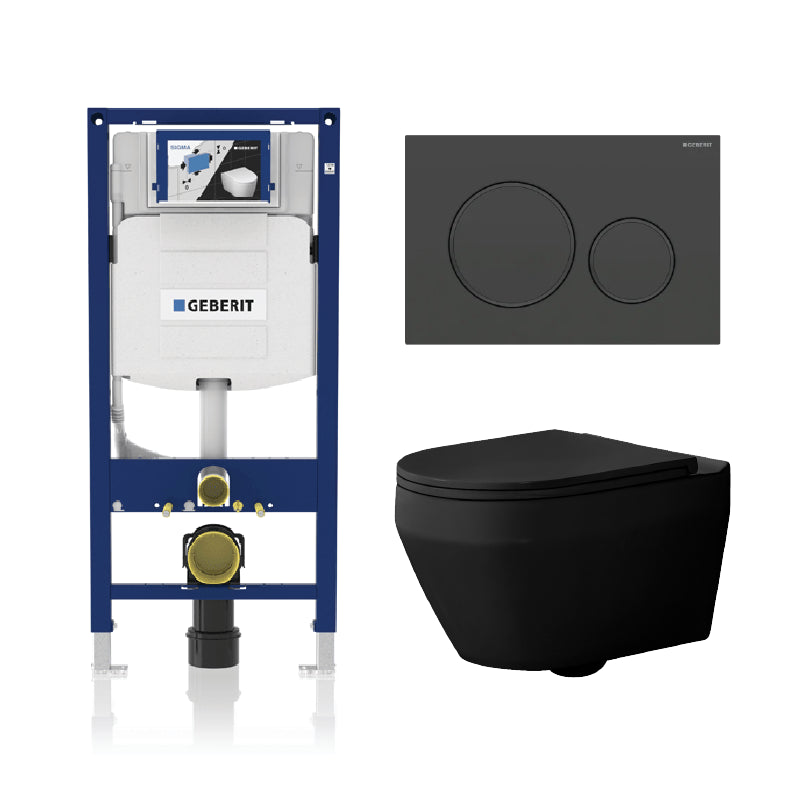 Alps Aaron Matte Black Wall-Mounted Elongated Toilet Dual-Flush 1.6/1.1 gpf with Seat & Geberit Carrier