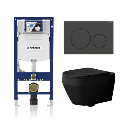 Alps Aaron Matte Black Wall-Mounted Elongated Toilet Dual-Flush 1.6/1.1 gpf with Seat & Geberit Carrier
