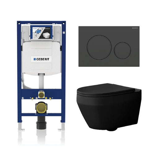 Alps Aaron Matte Black Wall-Mounted Elongated Toilet Dual-Flush 1.6/1.1 gpf with Seat & Geberit Carrier