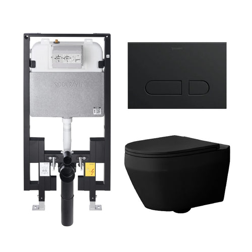 Alps Aaron Matte Black Elongated Dual-Flush Wall-Mounted Toilet with seat & Duravit Carrier (1.6/1.1 gpf)