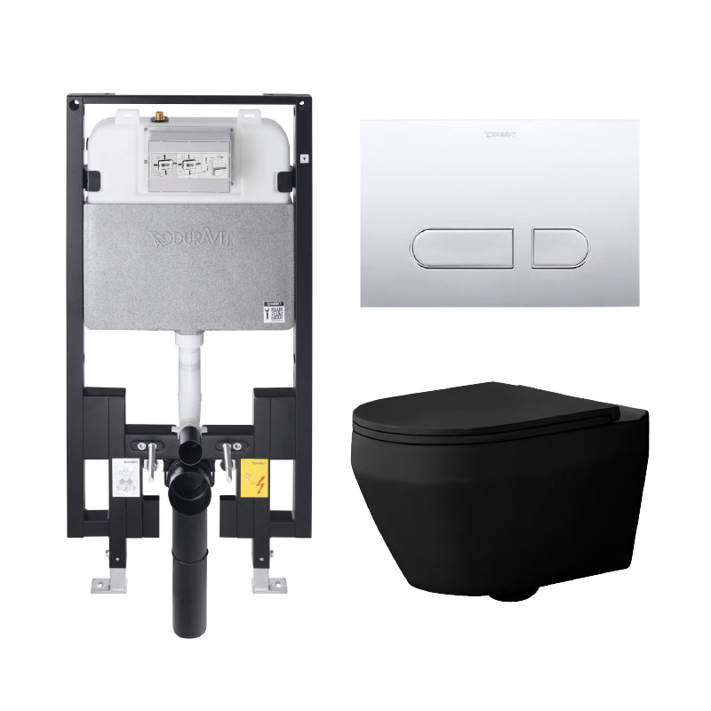 Alps Aaron Matte Black Elongated Dual-Flush Wall-Mounted Toilet with seat & Duravit Carrier (1.6/1.1 gpf)