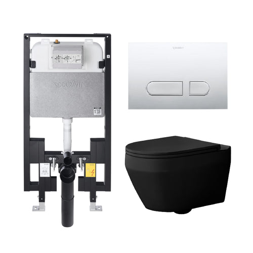 Alps Aaron Matte Black Elongated Dual-Flush Wall-Mounted Toilet with seat & Duravit Carrier (1.6/1.1 gpf)