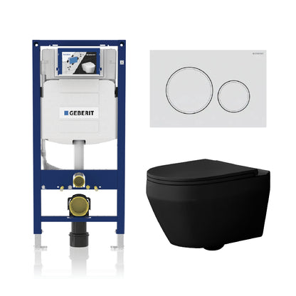 Alps Aaron Matte Black Wall-Mounted Elongated Toilet Dual-Flush 1.6/1.1 gpf with Seat & Geberit Carrier