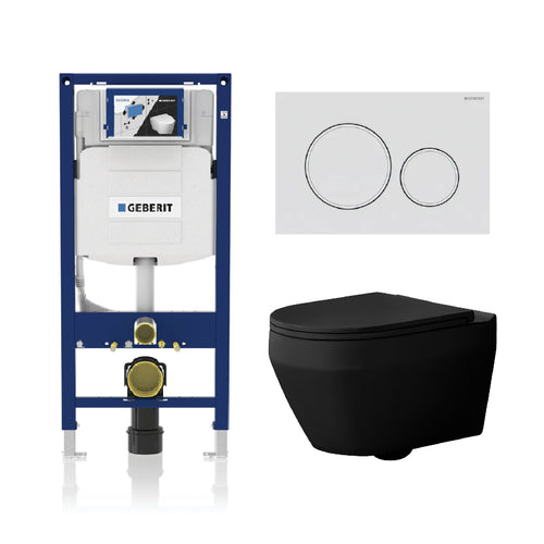 Alps Aaron Matte Black Wall-Mounted Elongated Toilet Dual-Flush 1.6/1.1 gpf with Seat & Geberit Carrier