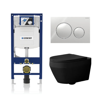 Alps Aaron Matte Black Wall-Mounted Elongated Toilet Dual-Flush 1.6/1.1 gpf with Seat & Geberit Carrier