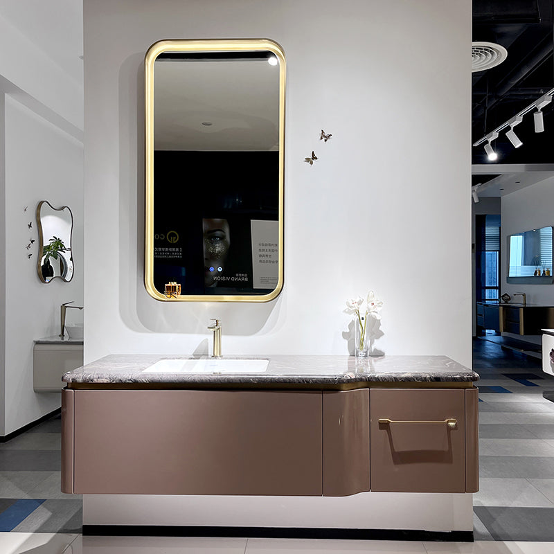 Enigma Framed LED Bathroom Mirror with Shelf – Brushed Gold Stainless Steel