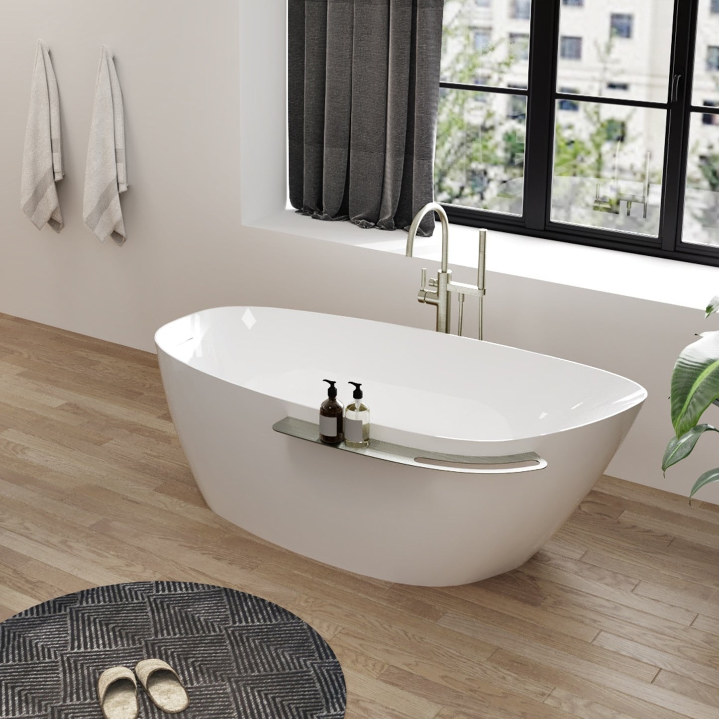 zitta Aito Freestanding bathtub, 66", brushed nickel shelf