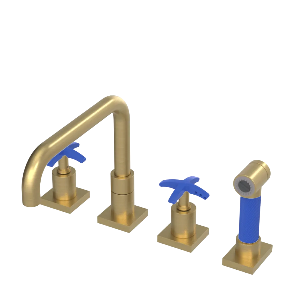Rubinet Widespread Kitchen Set with Genesis Spout with Hand Spray Satin Gold