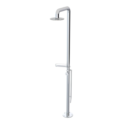 Rubinet Pressure Balance Outdoor Shower with Foot Rinse & 10" Shower Head (with shelf) - 304 Stainless Steel Chrome