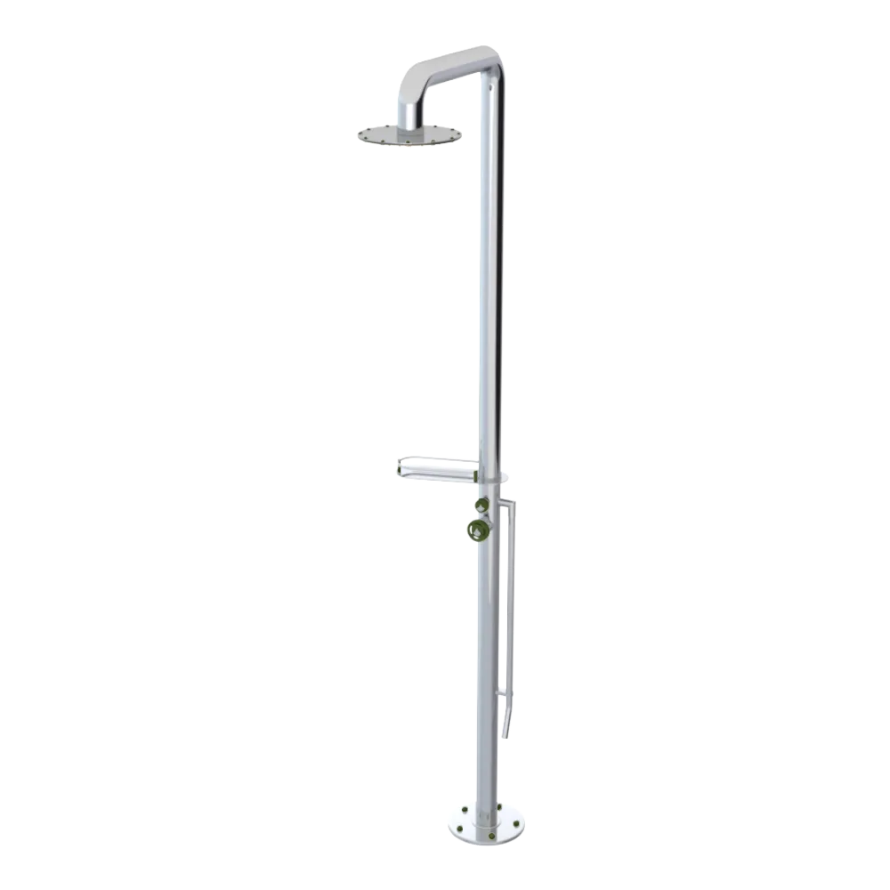 Rubinet Pressure Balance Outdoor Shower with Foot Rinse & 10" Shower Head (with shelf) - 304 Stainless Steel Chrome