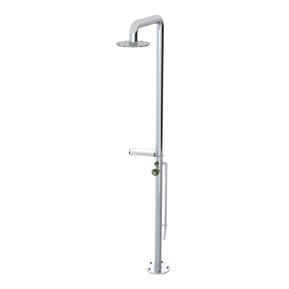 Rubinet Pressure Balance Outdoor Shower with Foot Rinse & 10" Shower Head (with shelf) - 304 Stainless Steel Chrome