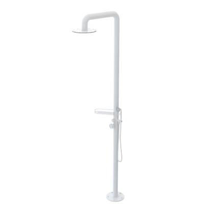 Rubinet Pressure Balance Outdoor Shower with Hand Held Shower & 10" Shower Head (with shelf) - 304 Stainless Steel White