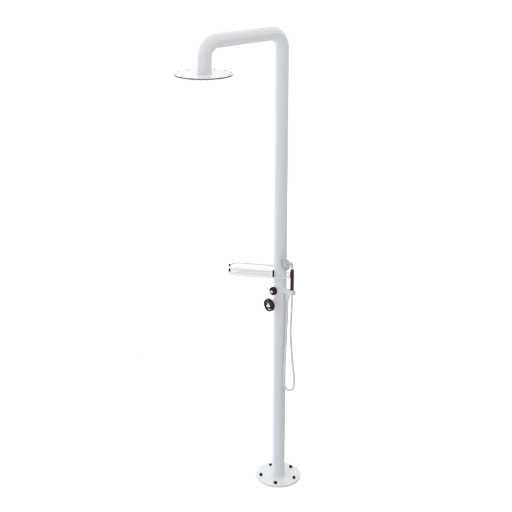 Rubinet Pressure Balance Outdoor Shower with Hand Held Shower & 10" Shower Head (with shelf) - 304 Stainless Steel White