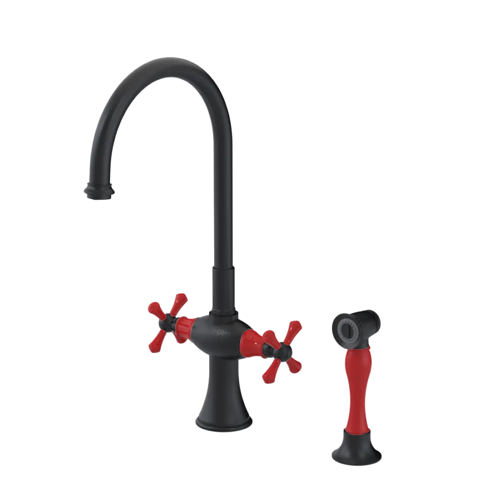 Rubinet Two Handle Single Hole Kitchen Set with Hand Spray Matt Black