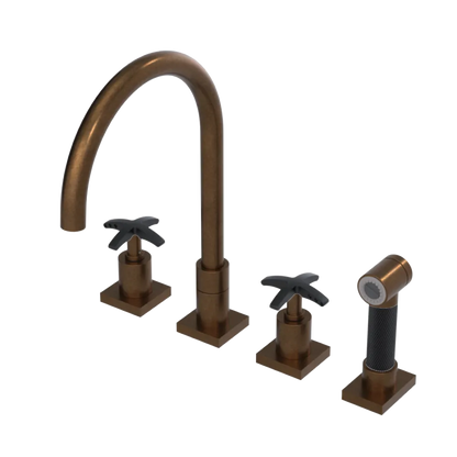 Rubinet Widespread Kitchen Set with Hand Spray Tuscan Brass
