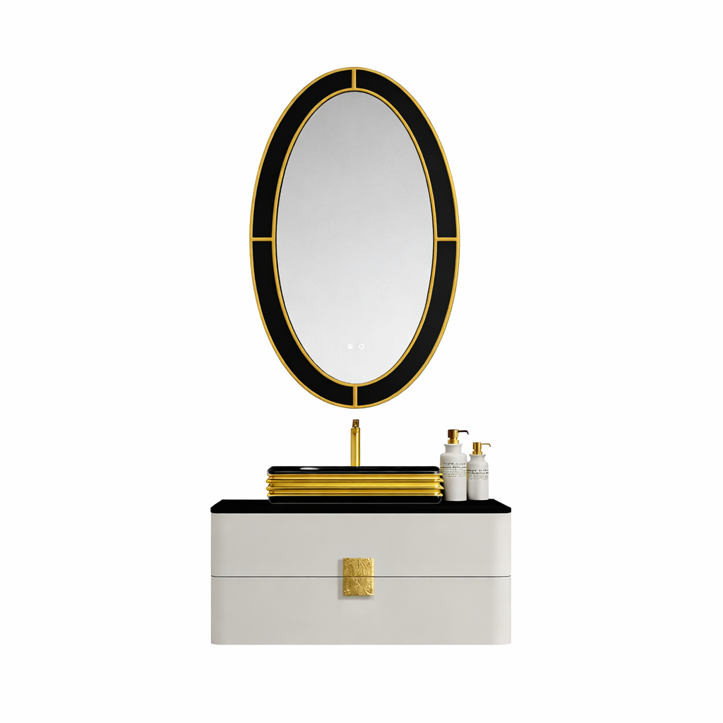 Lumina LED Oval Bathroom Mirror – 28" x 43" | Gold Black & Apricot Pear